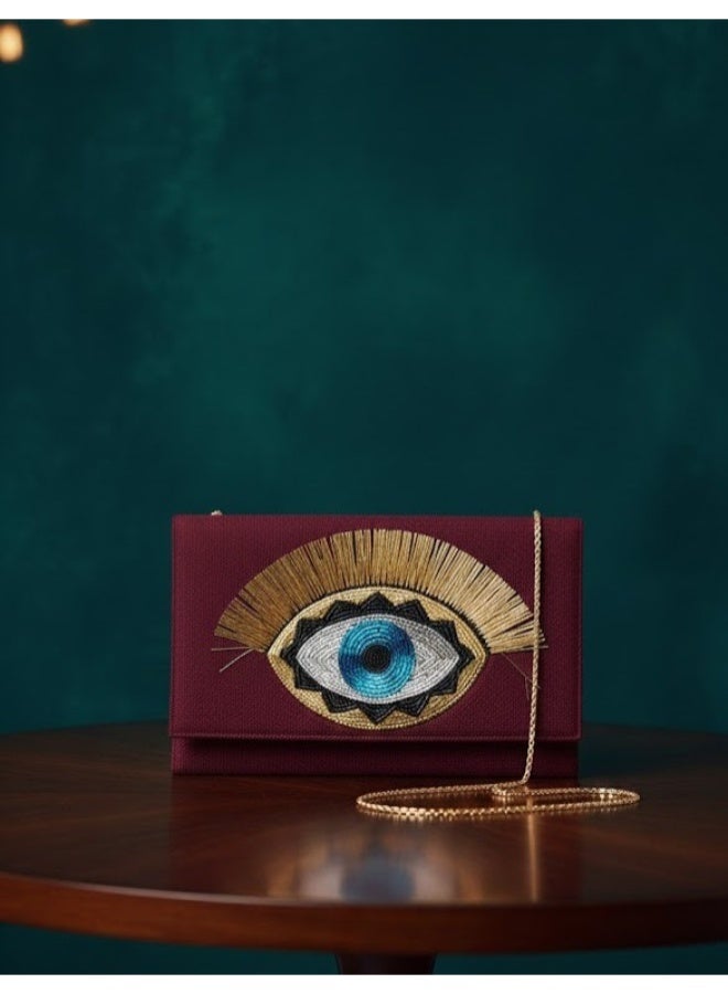 zoba Elegant women's wallet bag with a gold chain - can be worn crossbody or clutch - distinctive and luxurious eye design for outings and occasions (burgundy) - Image 1